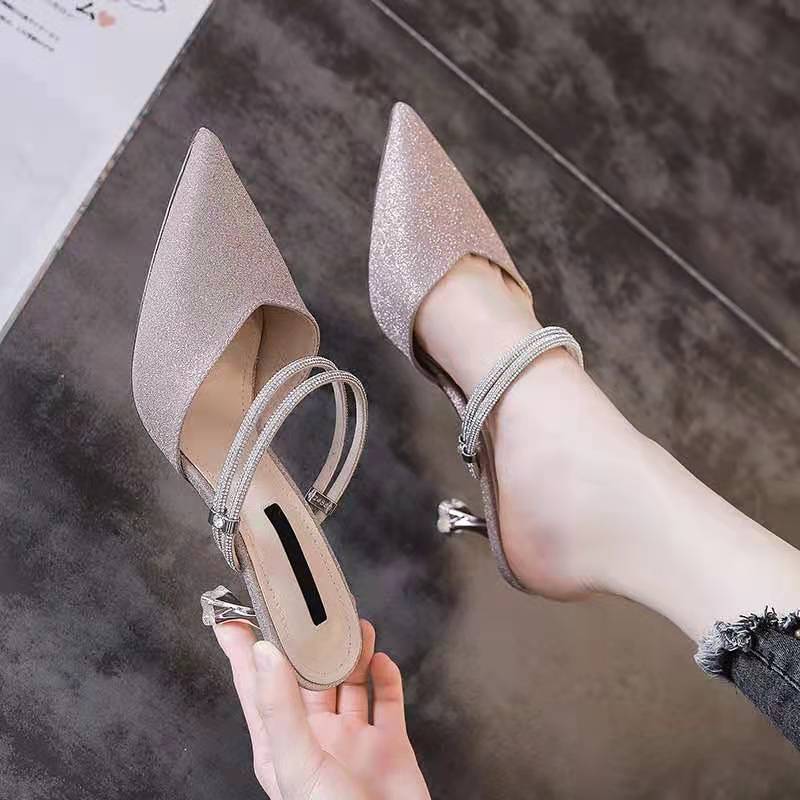 2025 new Toe-Covered Women's Pumps High Heels 2023 new Spring Summer Two-Way Pointed Toe Outer Wear Half Slippers Fashion Sandals 5f5a