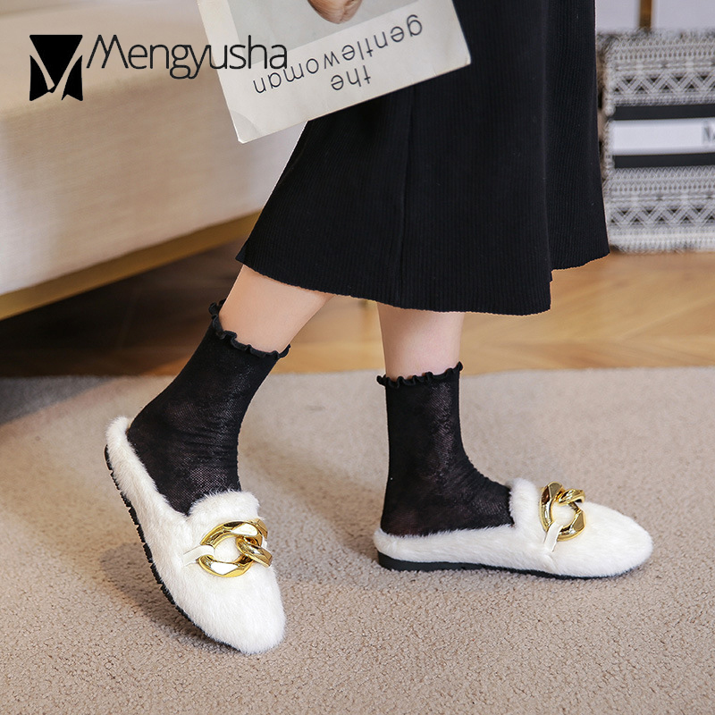 Plush Winter Cotton Slippers Women Home Shoes Large Big Chains Loafers Ladies Comfy Fur Slides Flip ps Female Antiskid Mules