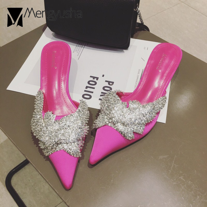 designer brand Silk Crystal Mule Shoes Pointed Toe Low Heel Women Slides Beach Flipps Bg Glitter Summer Slippers 7bd