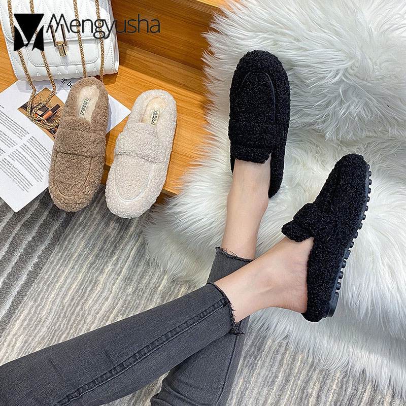 Women Winter House Lamb Fur Fashion Warm Shoes Woman Slip on Flats Female Slides Round toe Cozy Home Furry Slippers ry pers