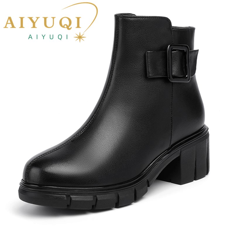AIYUQI Women Boots Winter Shoes Genuine Leather British Style Women Ankle Boots High Heel Fashion Warm Wool Ladies Short Boots