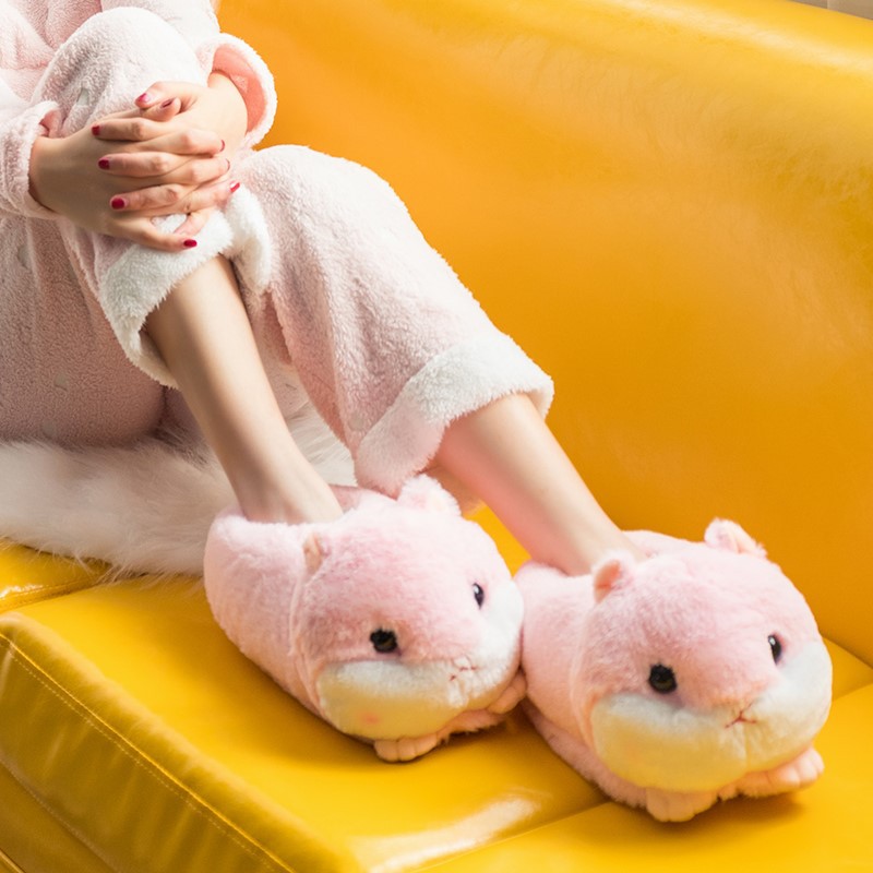Cute Cartoon Hamster Design House Women Fur Slippers Gray Pink Brown Winter Warm Ladies Plush Shoes Onesize Fluffy Girls Slides 589