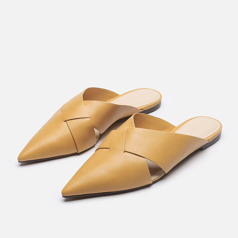 Brief Leather Cross Belt Ladies Pointed Toe Mules Hollow Slippers Woman Flat Sandalias Femininas Yellow Slides Sh 2866