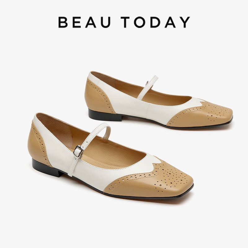 Mary BeauToday Janes Women Genuine Calfskin Leather Square Toe Brogue New Mixed Colors Buckle Strap Ladies Shoes Handmade 28289 133b