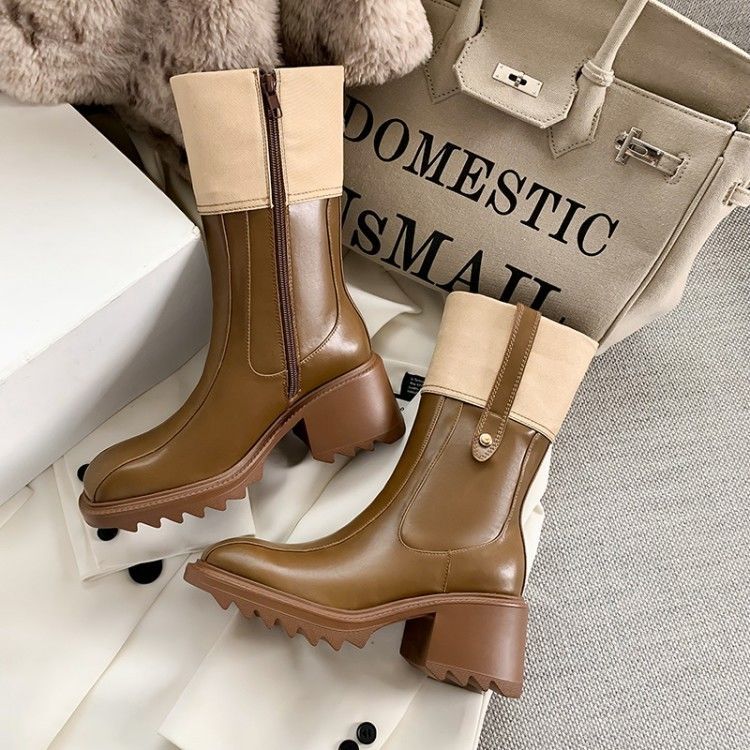 2021Winter Platform Women Chelsea Boots Fashion Black Women Round Toe Ankle Boots Female Chunky Heel Slip On Short Boot Shoes