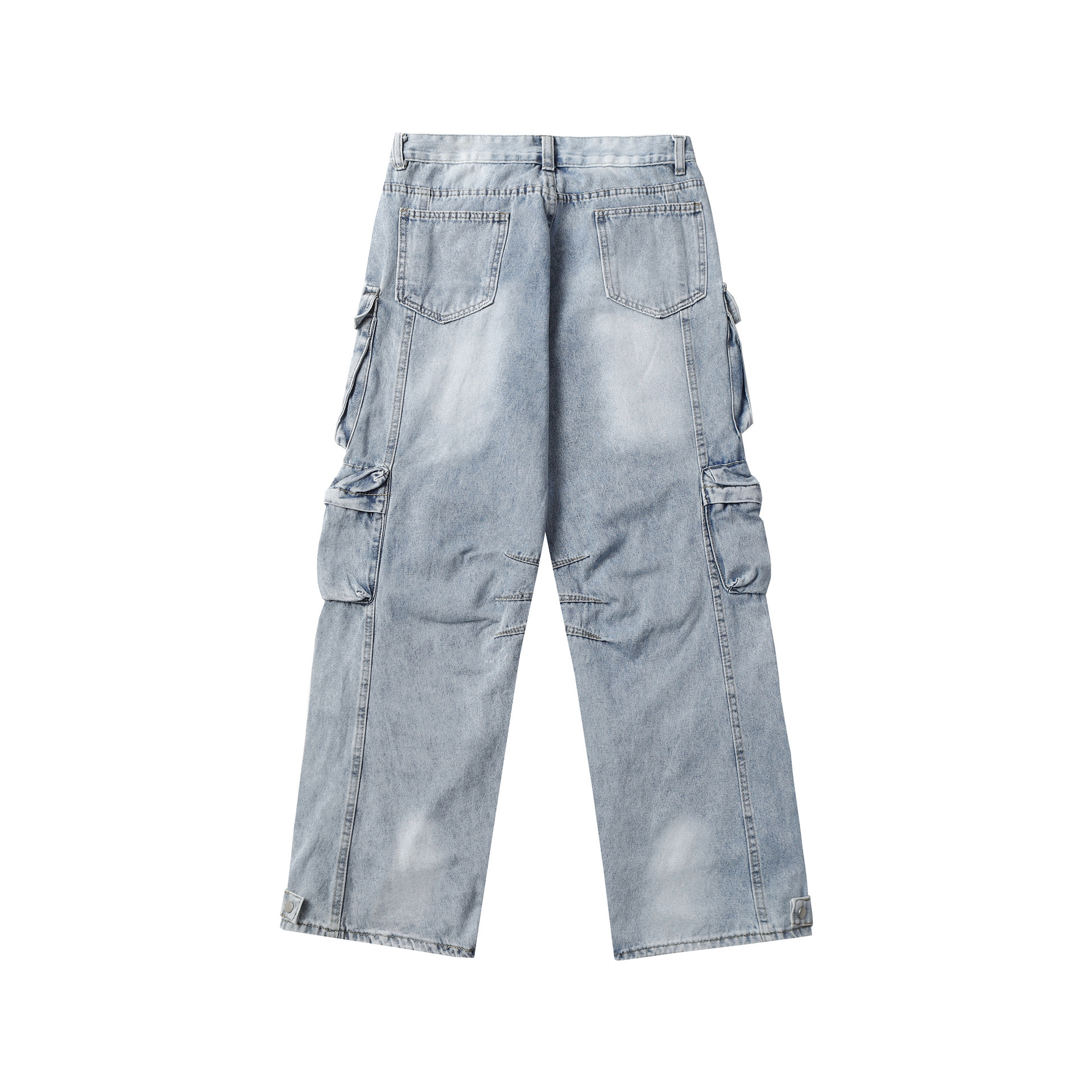 American Street Multi Pocket Punched Work Clothes Jeans Loose Wide Leg Heavy Duty Mens and Womens Pants