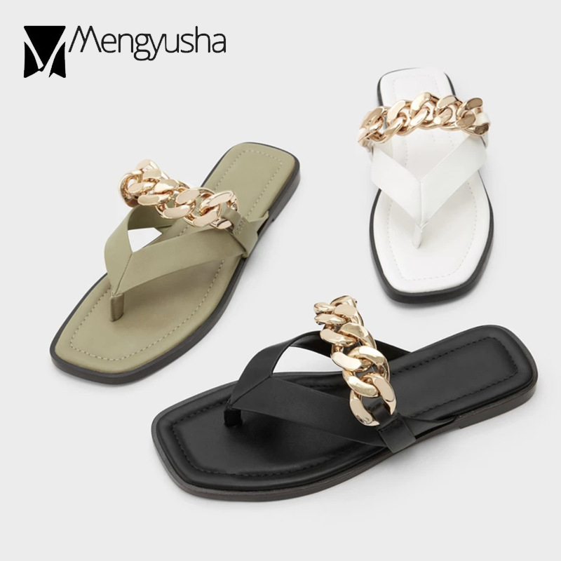 Brand 2023 Ladies Flip ps Metal Chains New Slippers Flats Heels Slip On Pantufa Slides Woman Outdoor Beach Sandals Summer Shoes