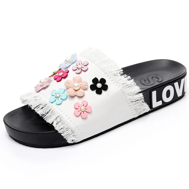 pearl slippers wer sweet crystal denim slides anti-skid women flats all match femme 2019 summer flip ps casual shoes 84d