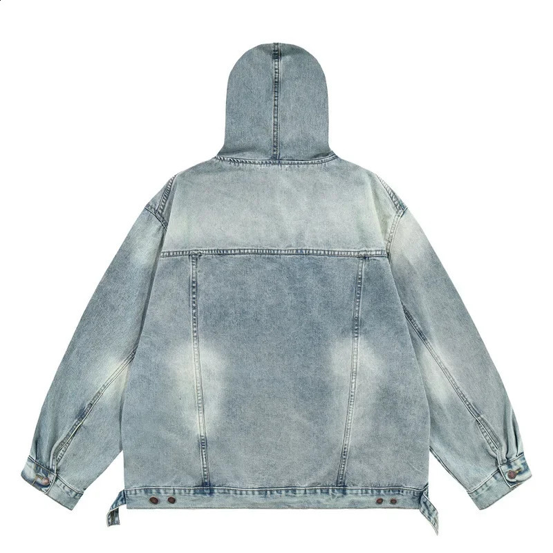 Vintage American Style High Street Distressed Denim Hooded Pullover Unique Sweatshirt Loose Fit Versatile Top For Men Women 240902