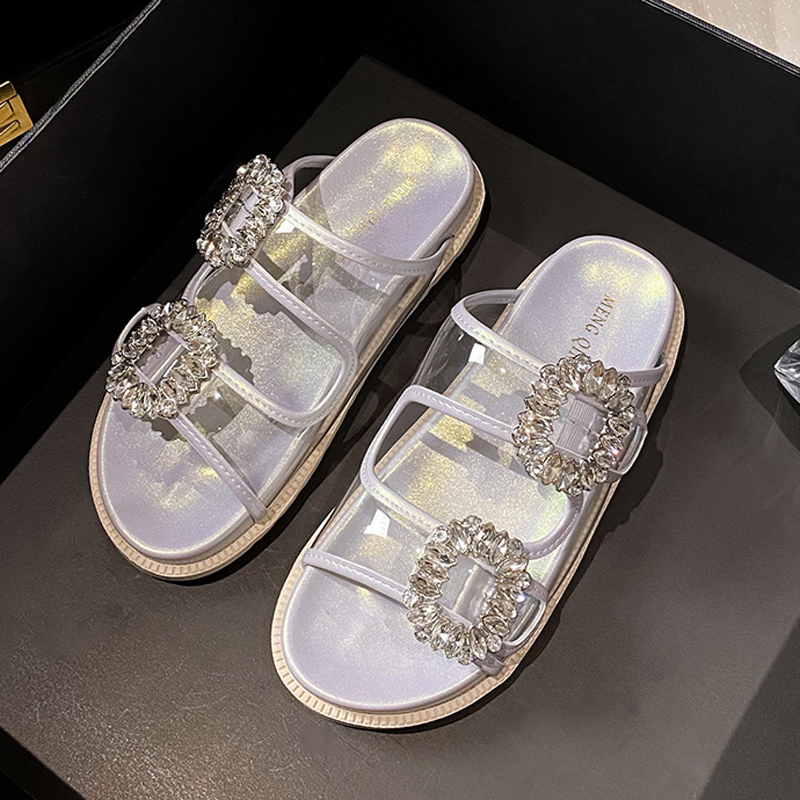 2025 Woman Slippers Clear Band Crystal Buckle Shoes Ladies Flipps Home Femmes Flats Summer Transparent Slides Sandali 4b20