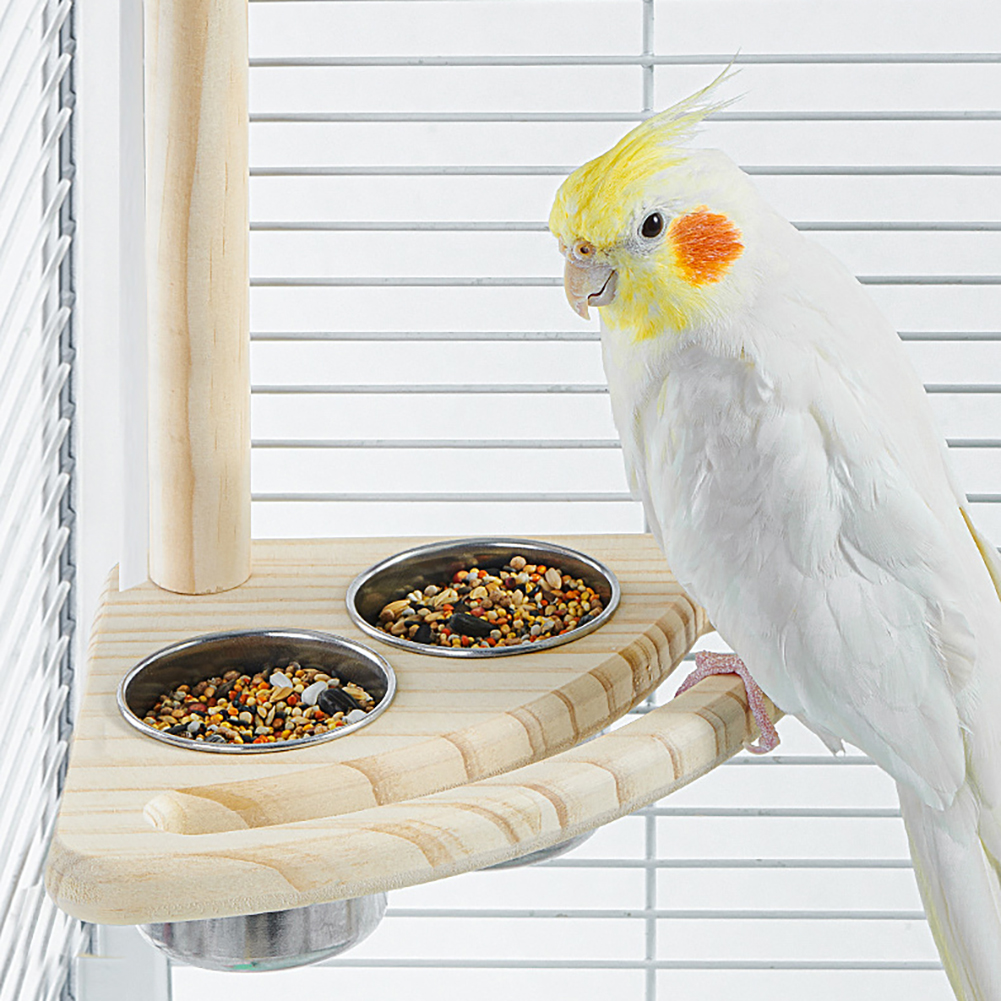 Bird Perch With 2 Stainless Steel Bird Feeding Dish Cups Parrot Cage Top Branch Standing Bird Feeder Parrot Food Water Bowls