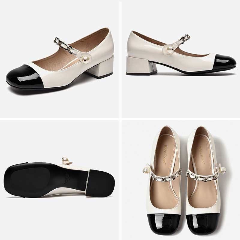 Pumps BeauToday Women Patent Leather Square Toe Pearl Decoration Mary Janes Mixed Colors Ladies Mid New Heel Shoes Handmade 15227 545e
