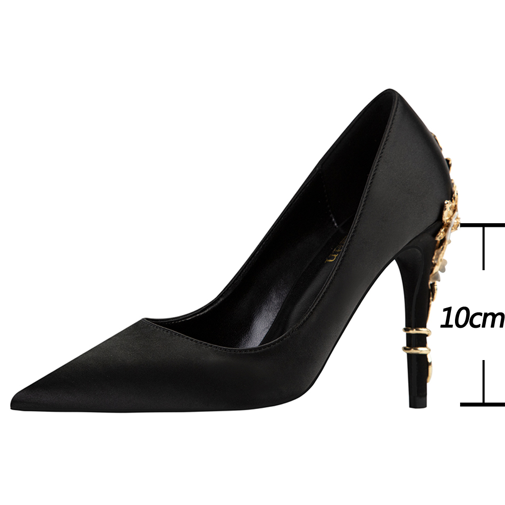 Women's New Satin Stiletto Pumps - 2024 Metal Hot Flower Design, 10Cm High Heels, Sexy Wedding Shoes, Plus Size 41