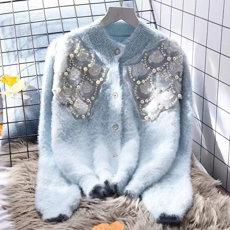 Womens O-Neck Mohair Wool Knitted Sweater Paillette Sequined Beading Rhie Patched Cardigan Real Fur Short Coat