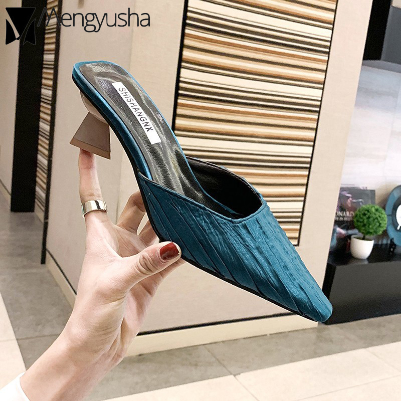 Pleated 2020 Summer mules shoes woman pure elegant dress pumps korean strange high heels slippers women closed toe sandals satin