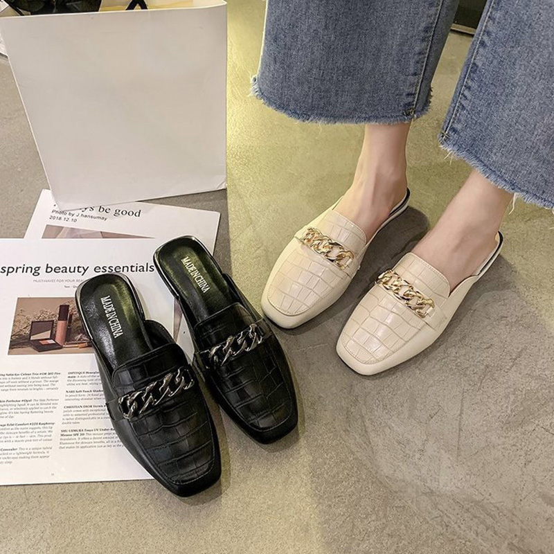 designer famous stone pattern leather slippers metal chains decoration slides shoes woman low heel mules big size 43 flip ps 987