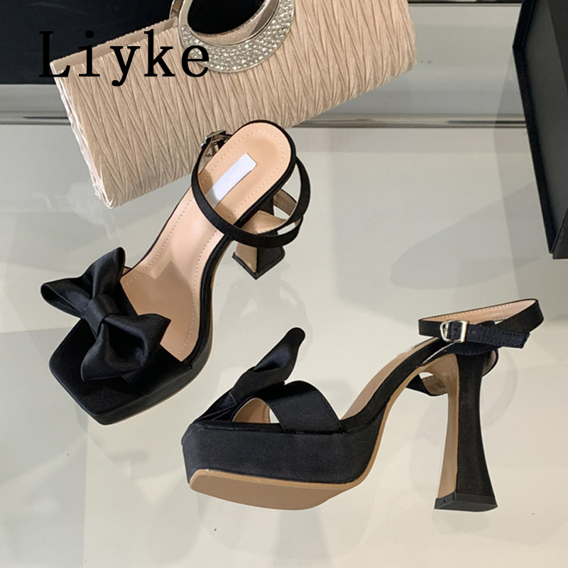 Liyke Sexy Thick Bottom Open Toe Platform Sandals Women Party Wedding Banquet Shoes Fashion Silk Bowknot High Heels Sandalias