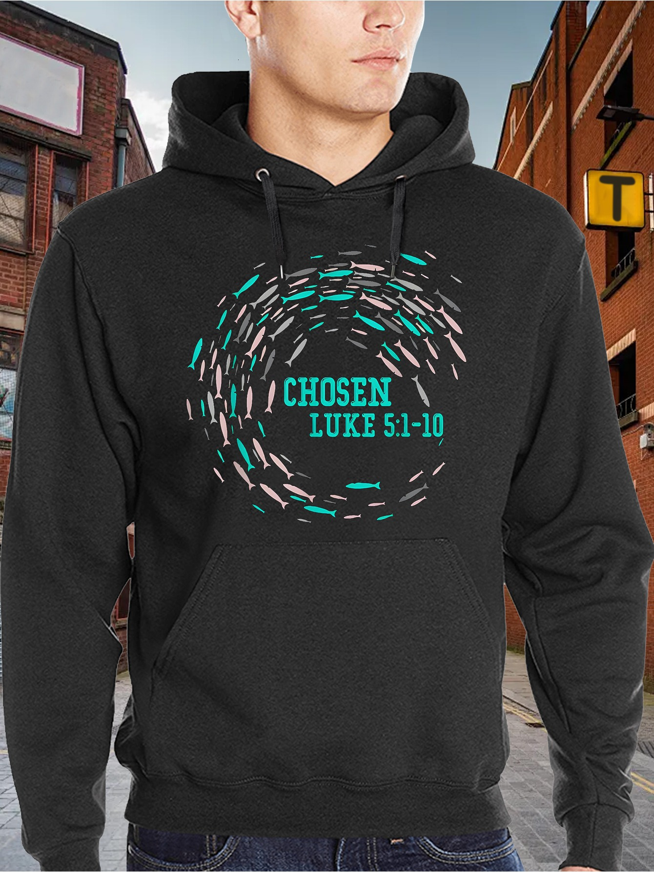 Men's Fun Print Hoodie Hoodie With Pockets | "Chosen LUKE 5:1-10" Little Fish Humor Graphic Hoodie, Comfortable Drawline Fashion Hoodie