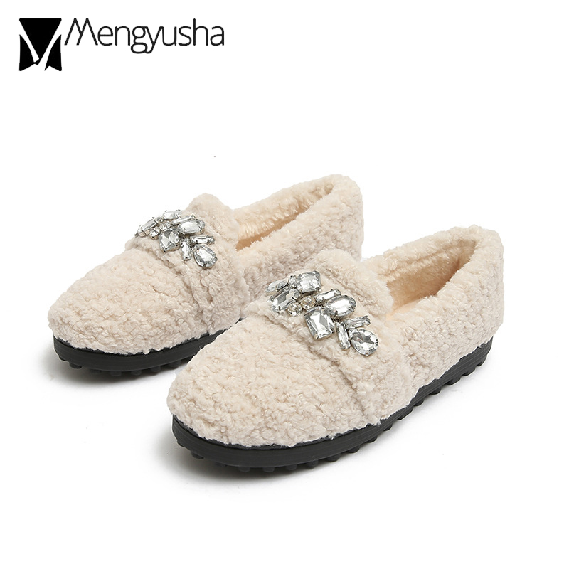 04c14 fur rhie clear wool women winter warm plush loafers anti-slip crystal beading cotton shoes woman furry flats size 43 ry