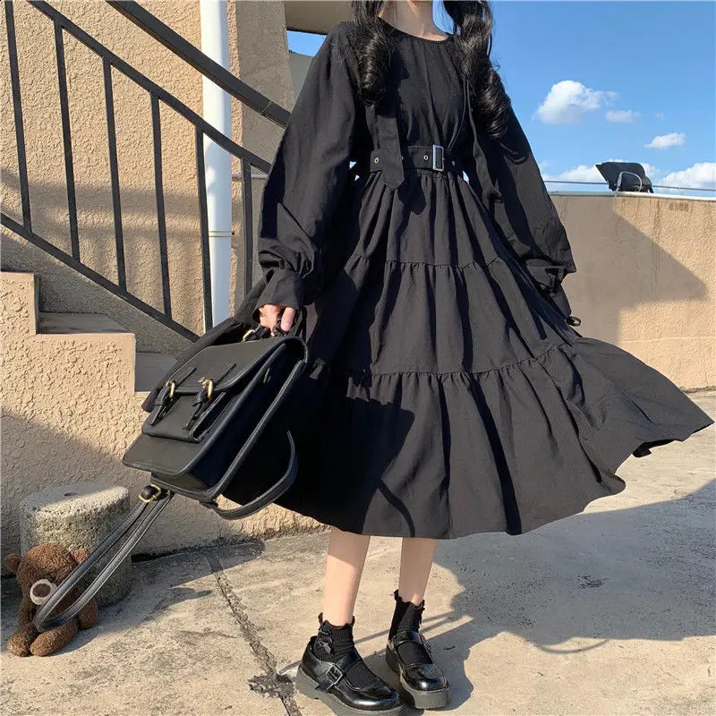 Emo Dress Japanese Harajuku E- Clothing Y2k Street Clothing Womens Retro Ruffle Gothic Kawaii Dress Preparatory Autumn Dark Alt Clothing 240902