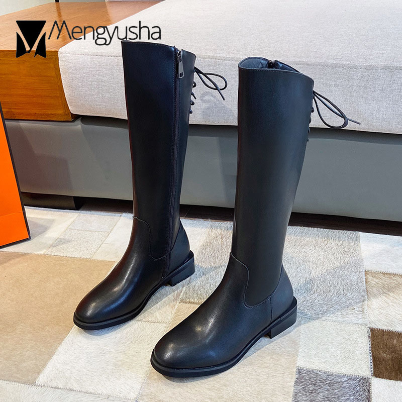 knight Long Tube boots women lace up&zipper motorcycle bottes femme plush winter shoes stovepipe knee-high botas de mujer 2024 ad20