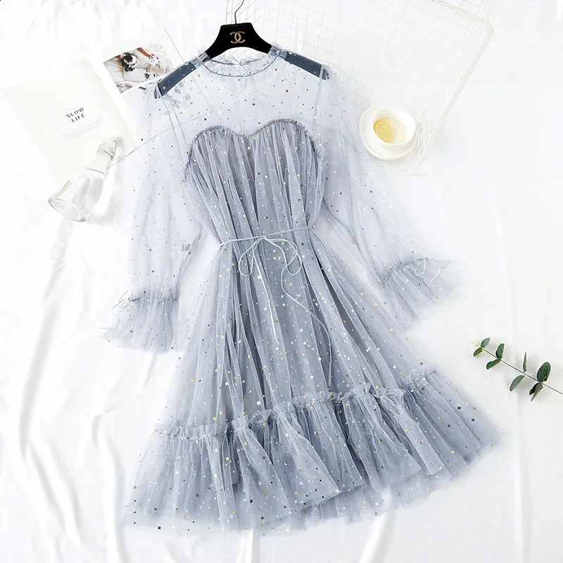 Spring Autumn Female Oneck Stars Sequined Mesh Shiny Fairy Dres Elegant Bling Gauze Princess Puff Dresses 240902