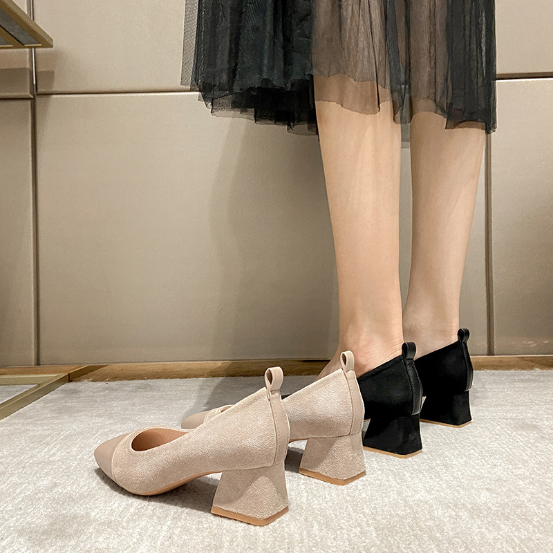 2025 new women Suede 0d31c Patchwork Leather pumps square toe thick high heels OL shoes woman atos mujer elegantes con tacones bos 2023 taes