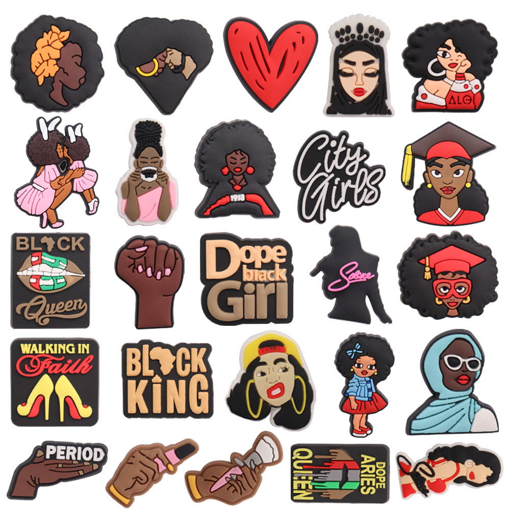 Mix 50PCS Girls Woman Power Black Queen Walking In Faith Period PVC Shoe Charms Fit Wristbands Garden Shoes Button Decoration