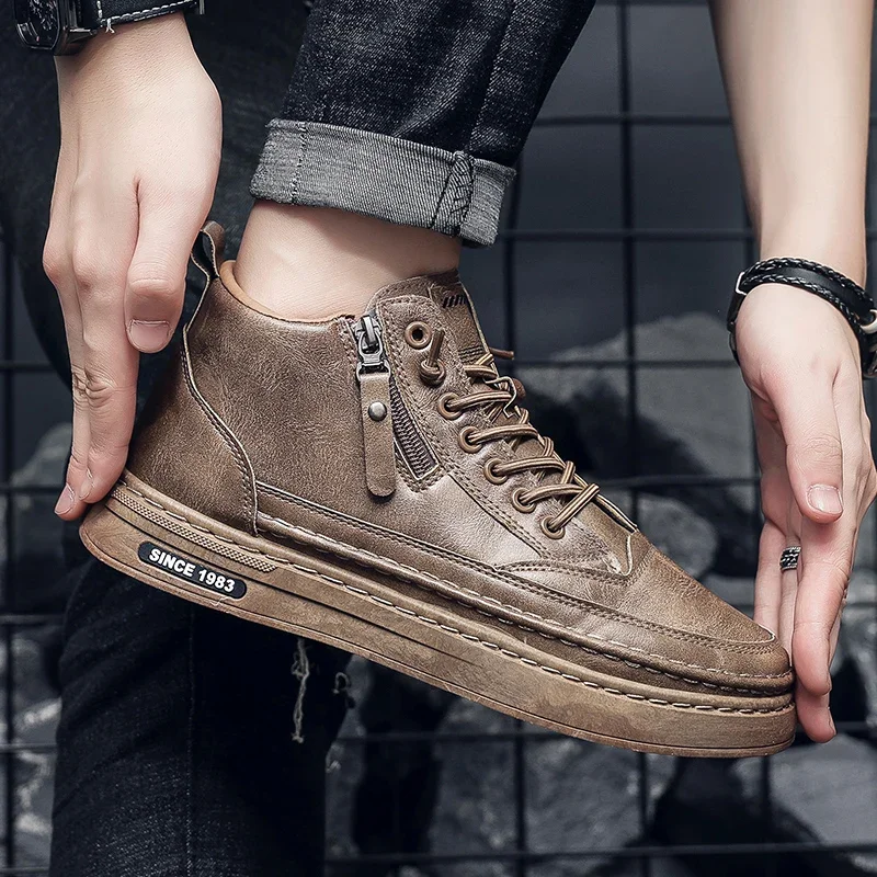 Leather Spring High Casual for Men Trend Zipper Walk Flats Winter Shoes Vulcanized Ankle Boots New atillas