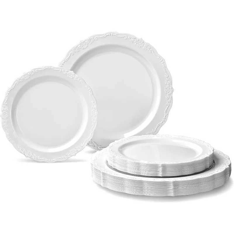 150 Pieces set(25 Guests)-Vintage Wedding Plastic Plates cutlery -Disposable Dinnerware 10 7.5 + Silverware w/double fork Y240902
