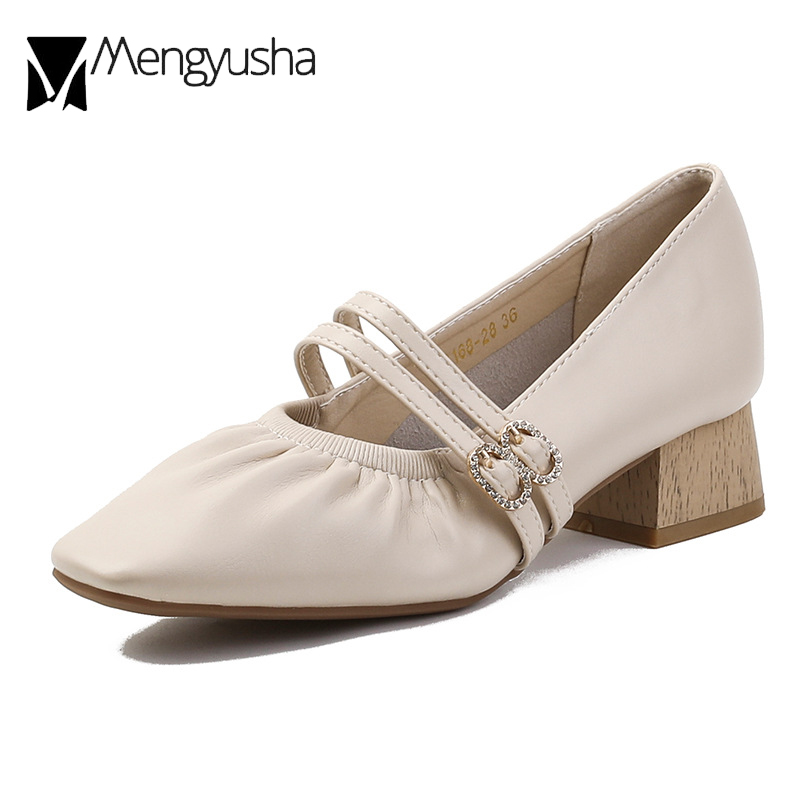 2025 new Woman High 3.5 Heels 61181 Crystal Buckle Strap Shoes Pleated Leather Loafers Femme Wood Heeled Tacones Dress Trendy Pumps Mary Jeans