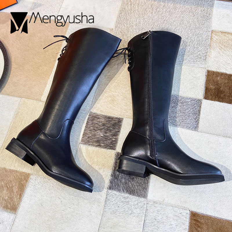 knight Long Tube boots women lace up&zipper motorcycle bottes femme plush winter shoes stovepipe knee-high botas de mujer 2024 ad20