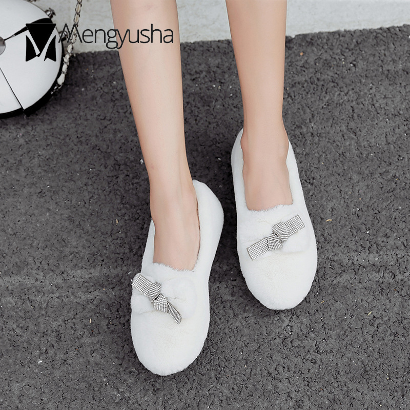 9c338 winter Crystal loafers fur bow-tie slip on moccasins warm round toe flats creepers plush comfort furry cotton shoes women ry cott