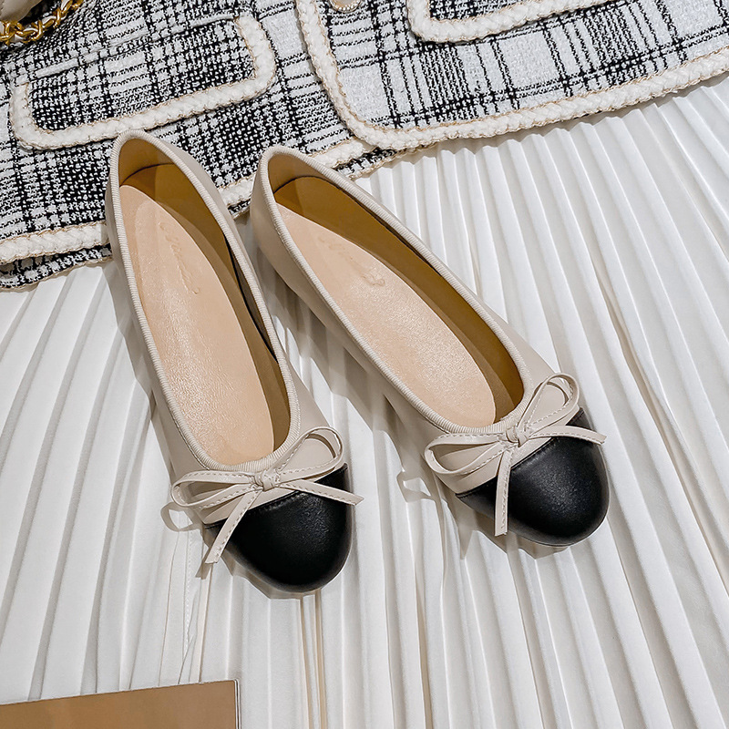 color black/beige 014f1 mixed genuine leather flats women elegant bowtie ballet round toe slip on dress shoes woman big size 43