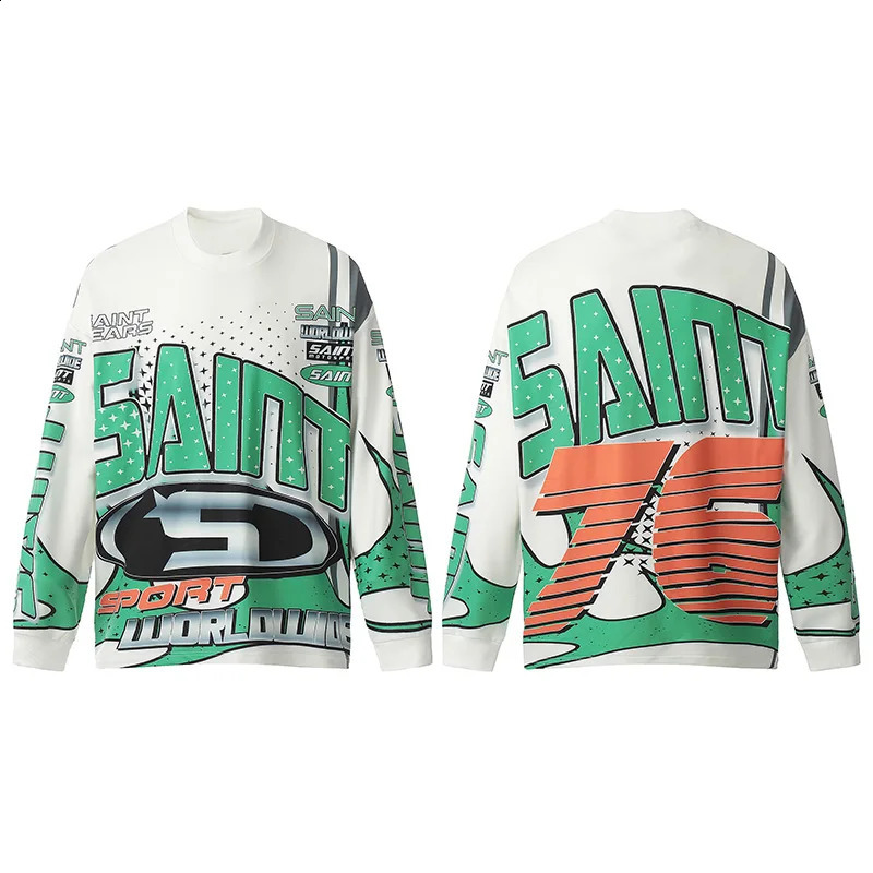 Mens hiphop retro letter printing oversized street casual Saint Tears long sleeved Tshirt top 240814
