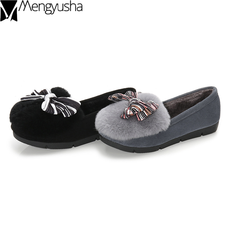 sizes Plus 6c4da 42 41 woman cotton shoes winter rabbit fur plush flats striped bowknot creepers comfy loafers casual female moccasins