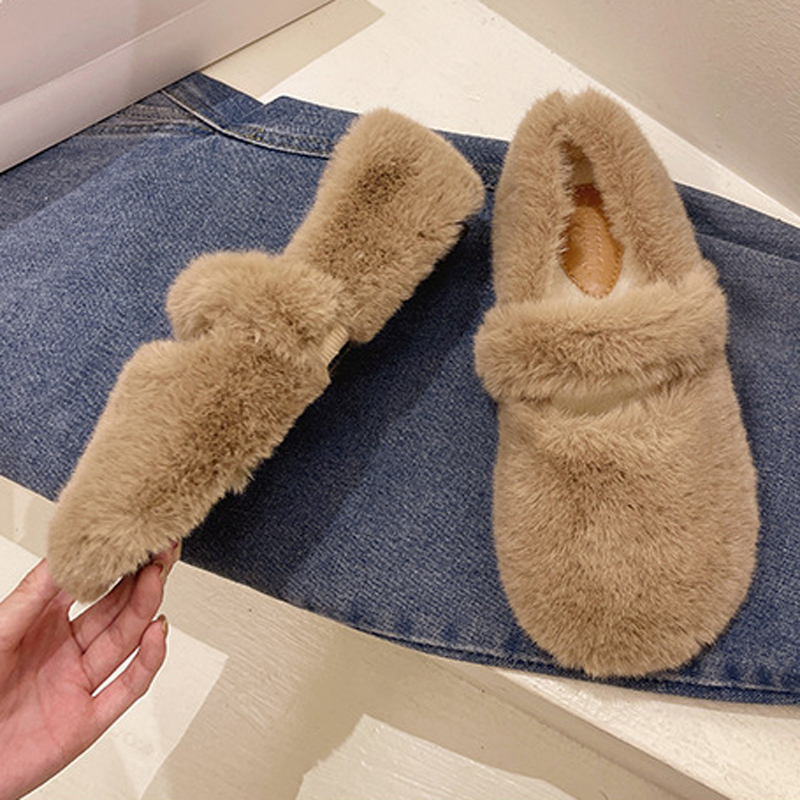 Belt 5b42d 2022 Mary Fairy Jane Shoes Woman Winter Cotton Ballets Rabbit Hair Loafers Femme Warm Fluffy Fur Flats Ladies Mocasines