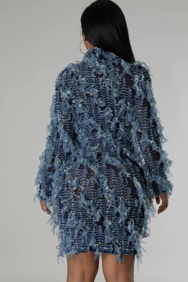 Patchwork Mesh Tassel Womens Tight Mini Dress Elastic Turtle Neck Long Sleeve Slimming Fashionable Club Party Dress Y2K Street Clothing 240902