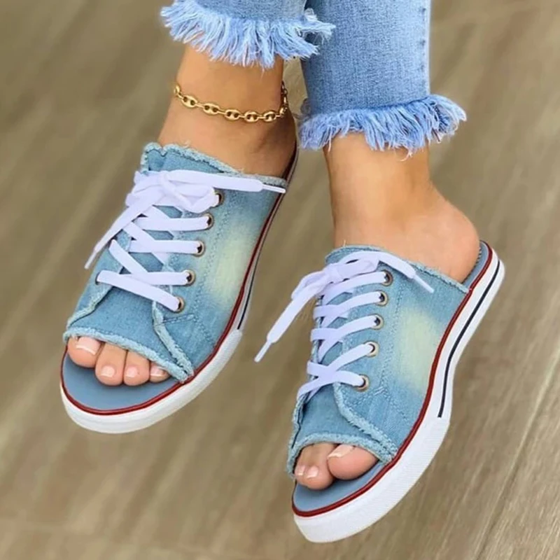 Ladies Slippers Canvas Lace-up Open-toed New Flat-Bottom Casual Women Fashion Denim Beach Shoes 35-43