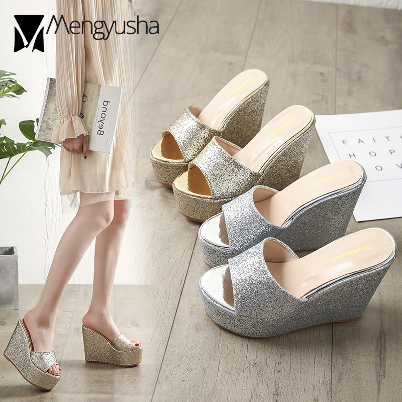 High 14cm Heels Shoes Woman Platform Sandals Gold/Sier Glitter Open Toe Bg Sandalias Sequin Wedges Slippers Women Flipps