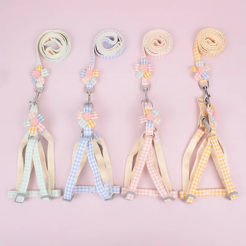 Small Dog Harness and Leash Set,Flower Decoration Adjustable Pet Chest Belt Quick-Release Buckle,Step-in Harness for Puppy & Cat