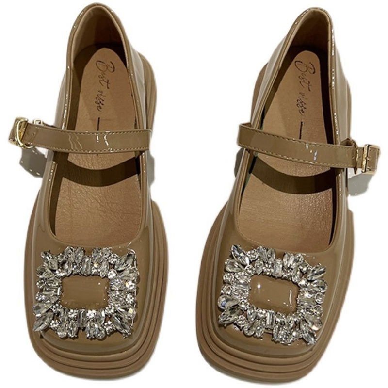 japanned leather suqare crystal e408f shoes woman ankle belt mary janes brand designer rhie buckle brogue flats women