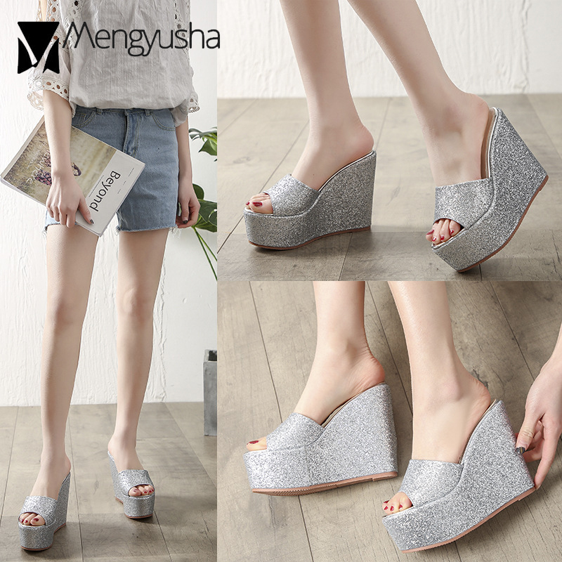 High 14cm Heels Shoes Woman Platform Sandals Gold/Sier Glitter Open Toe Bg Sandalias Sequin Wedges Slippers Women Flipps