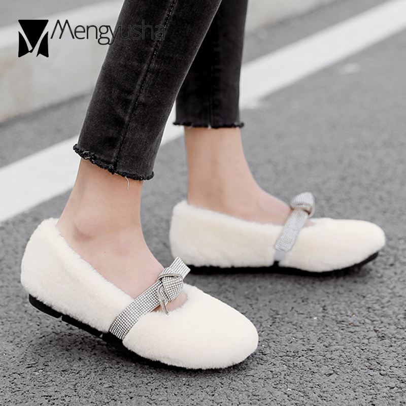 47c81 Cashmere Flats female crystal bow-knot fur loafers cotton women shearg mary jane shoes woman plush rhie moccasins