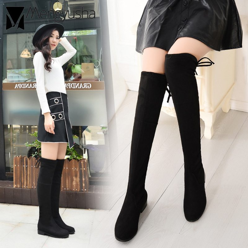 winter stretchy women slim leg booties with plush warm round toe over the knee boots woman square heel platform shoes 7e62
