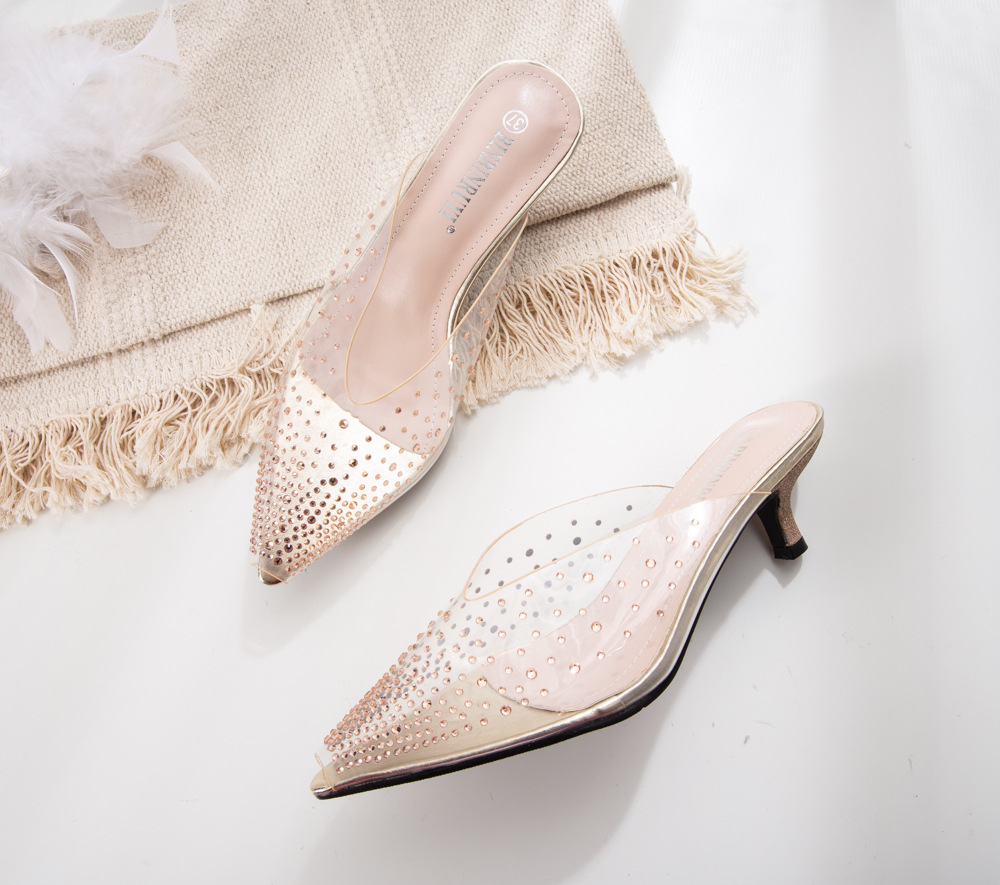 Netcelebrity Transparent crystal peep toe slingback woman pumps gold/silver slip on slides clear thin high heels shoes women2020