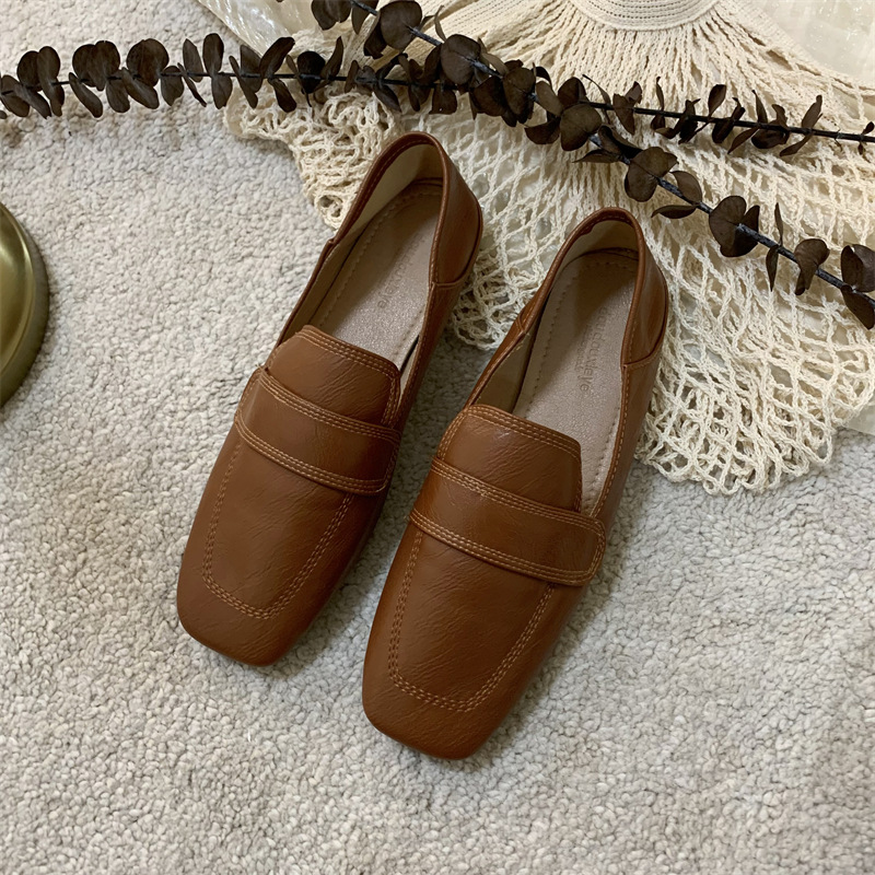 Women's Leather Belt Loafers Slip-on Moccasins: Stylish Square-Toe Ballet Flats