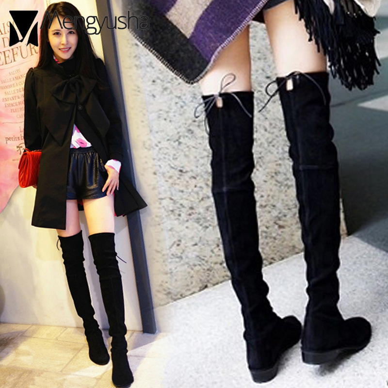 winter stretchy women slim leg booties with plush warm round toe over the knee boots woman square heel platform shoes 7e62