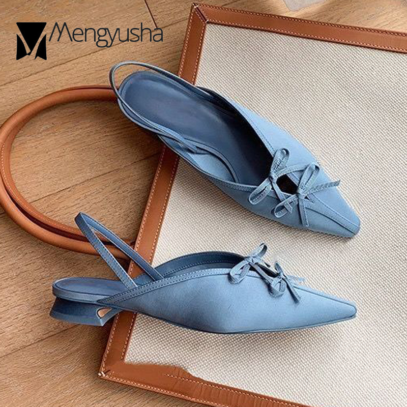 2025 new Bowtie Double Silk Sgback Sandals Women Slides Elegant V-Open Shoes Summer Elatic Back Strap Low Heels Mules Ladies Flipps