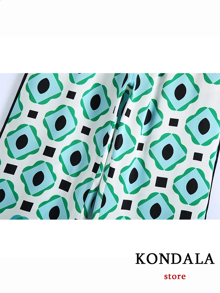 Kondala Geometric Printed Retro Womens Set Autumn Fashion Ultra slim Shirt and High Waist Wide Leg Pants Womens Set 240902